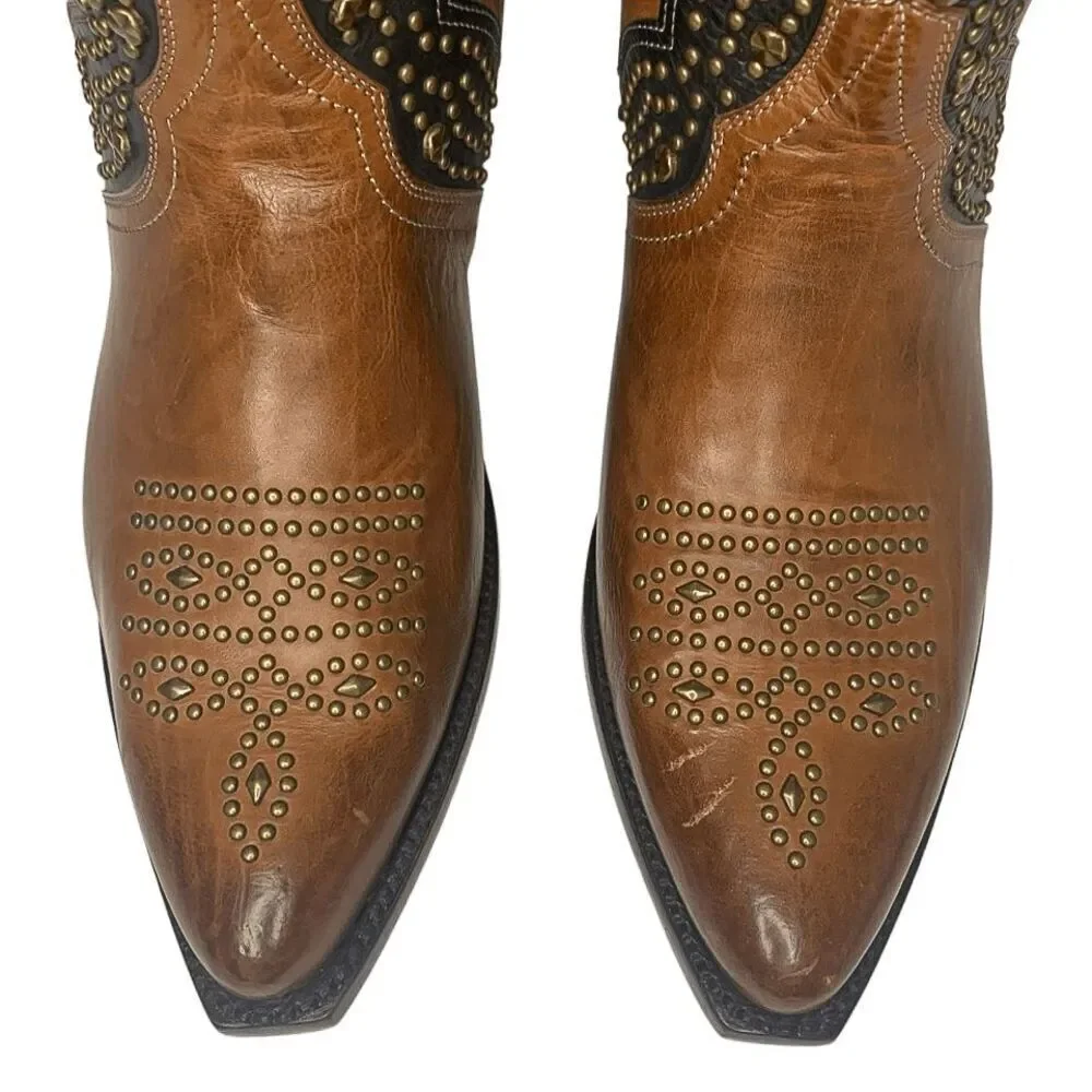 Frye Tulsa Stud Short Boot Size 7 Brown Black Studded Western Cowboy Ankle Boot